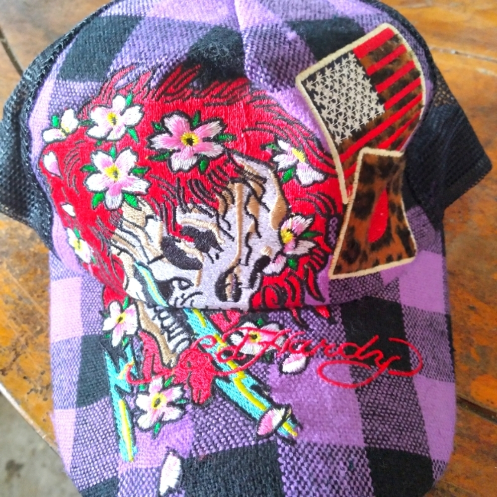 Vintage Ed Hardy Trucker Hat Purple Plaid